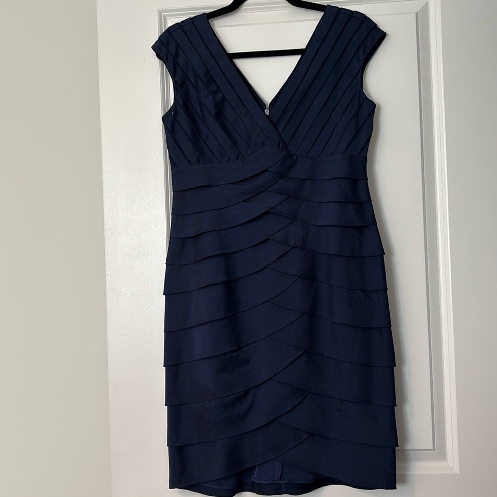 Adrianna Papell Blue Sleeveless V-Neck Sheath Midi Dress